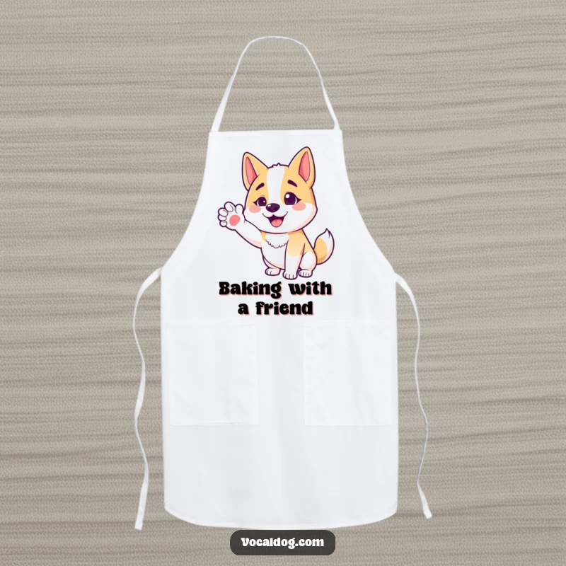 Funny apron with a happy chef dog character offering an outstretched paw, creating a welcoming and friendly kitchen atmosphere.