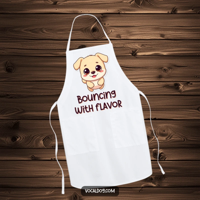 Funny apron depicting a small, round dog character with big happy eyes mid-leap, bringing energetic fun to the kitchen.