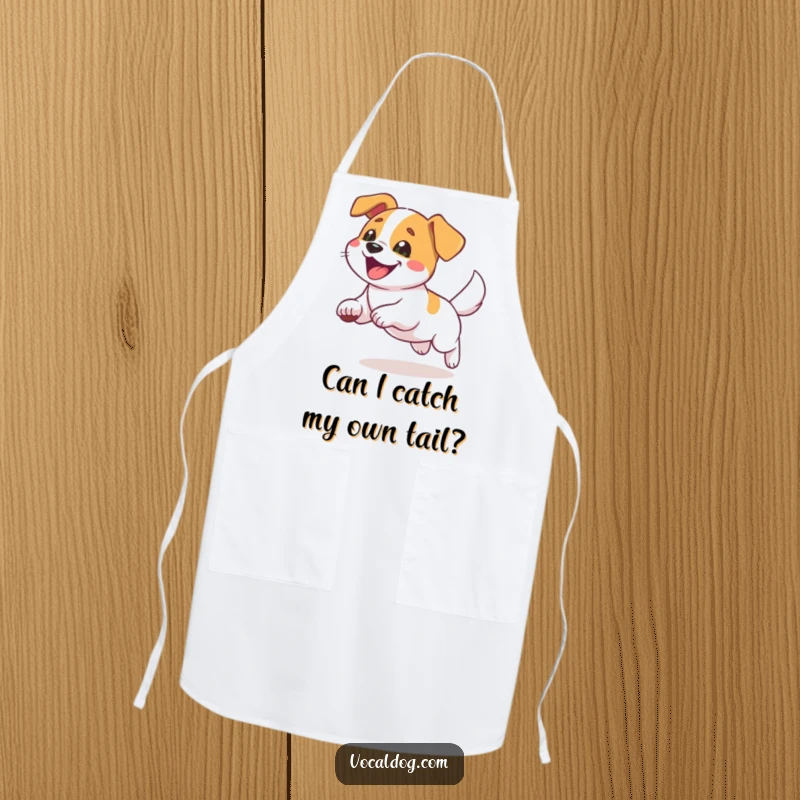 Funny apron with a dog in delightful mid-tail chase, bringing humor and joy to the kitchen.