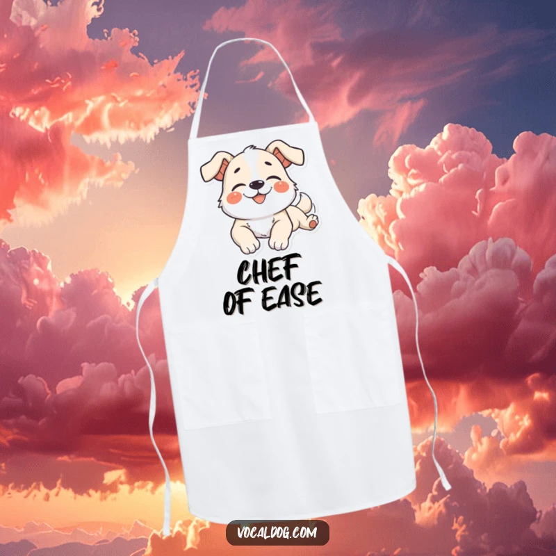 Funny Apron with a dog character in a languid pose, wearing a blissful smile, perfect for a relaxed kitchen.