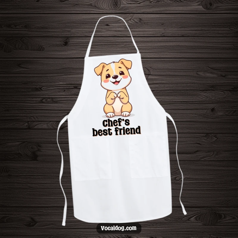Funny apron depicting a happy dog sitting upright with paws together, ideal for keeping clothes clean during humorous kitchen adventures.