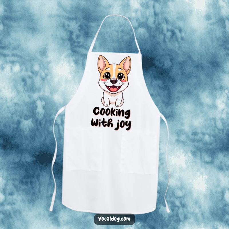 Funny apron depicting a dog with sparkling eyes and a wide grin, ideal for keeping clothes clean during humorous kitchen adventures.