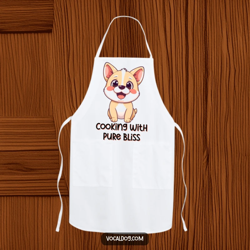 Funny apron featuring a happy chef dog character with a wide, delighted gaze, symbolizing pure bliss and kitchen joy.