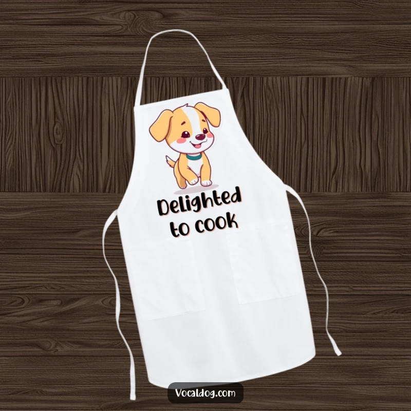 Funny apron depicting a dog character with floppy ears prancing with pure delight, bringing playful energy to the kitchen.