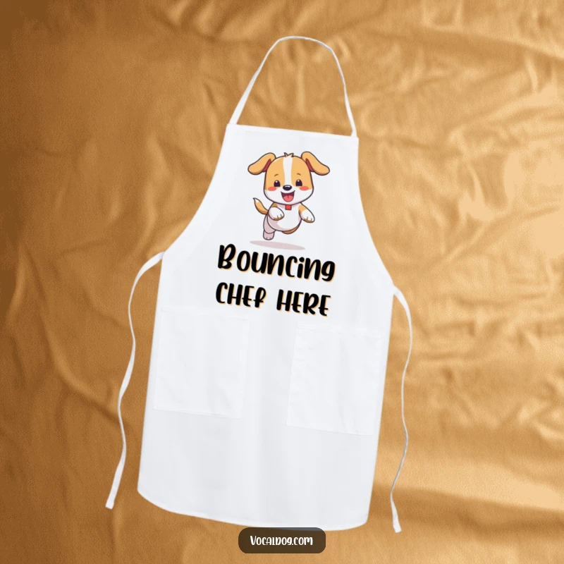 Funny Apron: A chef's apron featuring a dog joyfully bouncing with carefree abandon, perfect for adding humor to the kitchen.
