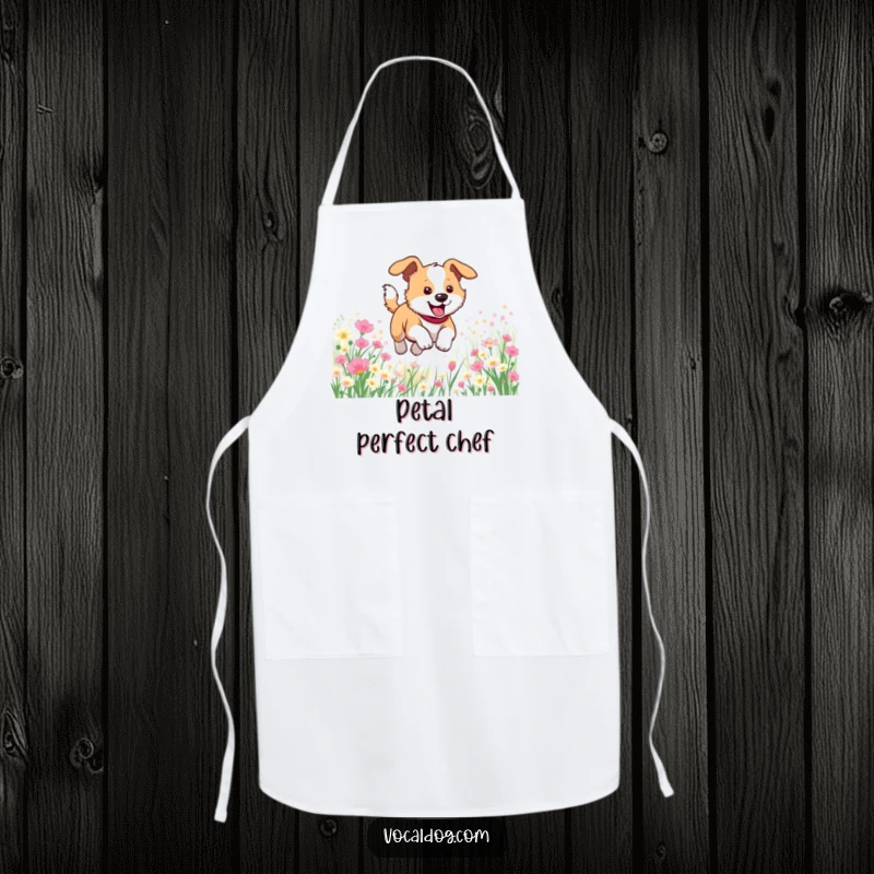 Funny apron depicting a happy dog joyfully leaping through a vibrant flower field, perfect for gardening or cooking.