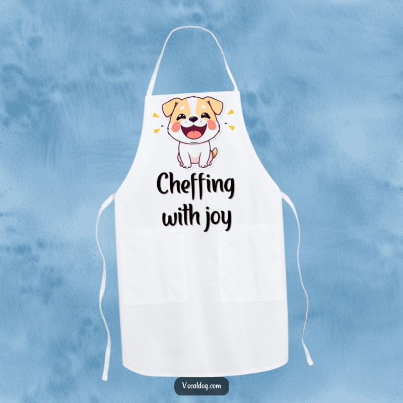 Funny apron showing a stylized dog character with its mouth wide open, emitting visible sounds of happy cooking and cheer.