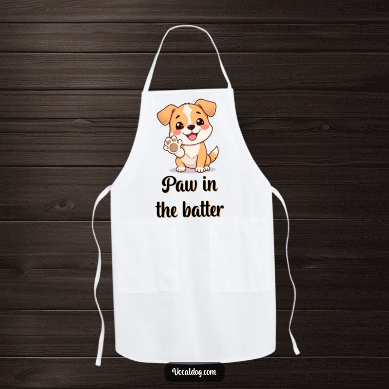 Funny Apron depicting a dog with a beaming, happy expression, offering its paw, perfect for kitchen use.