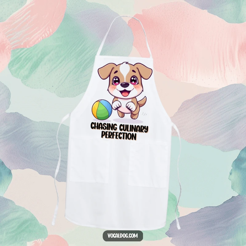 A happy dog character joyfully chasing a vibrant rainbow-colored ball with bright eyes, adding a humorous and energetic touch to this kitchen apron.