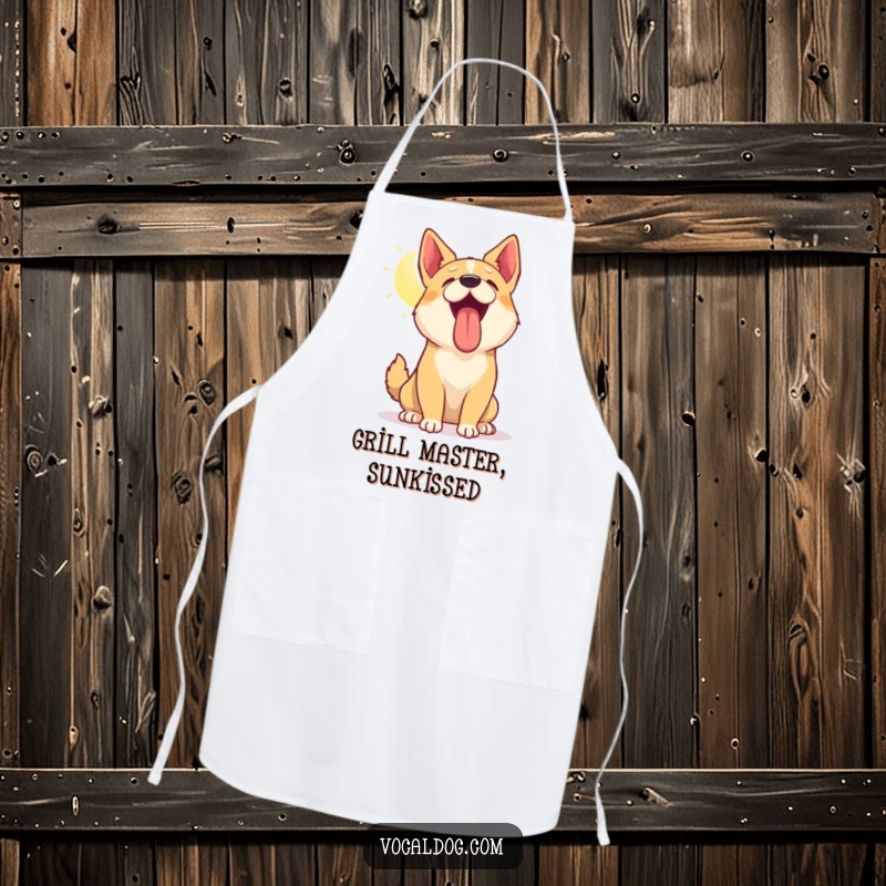Funny apron showing a dog with head tilted up, panting happily in the sun, radiating warmth and joy, kitchen accessory.