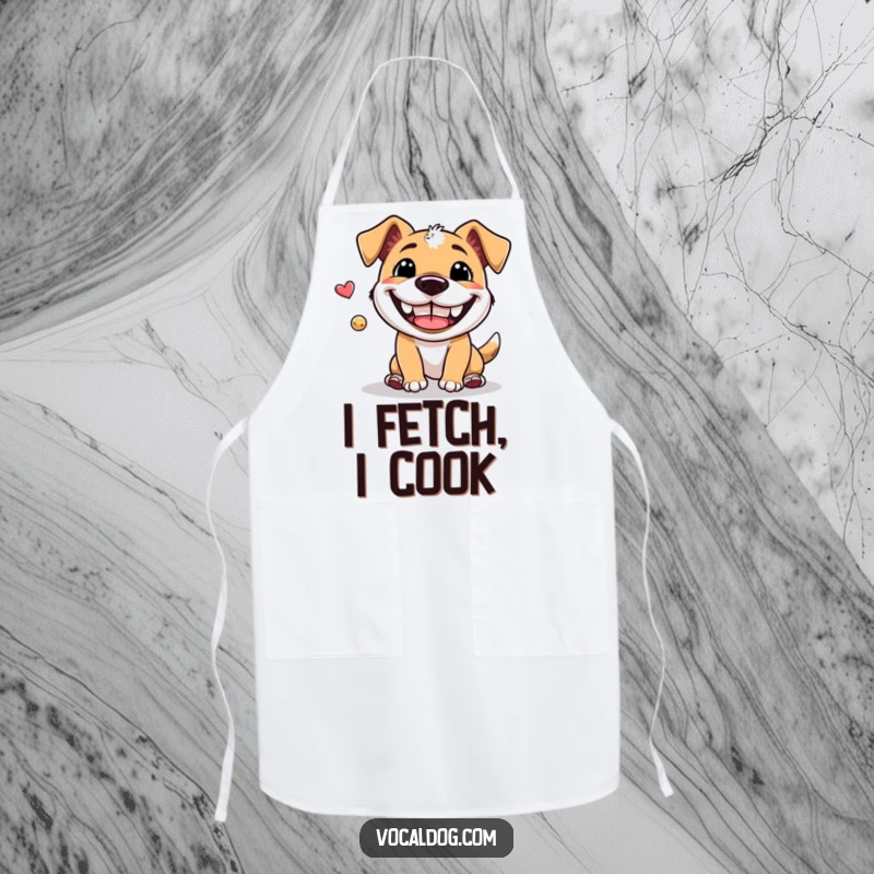 Funny Apron: A chef's apron featuring a dog with a wide, happy grin playing fetch, perfect for adding humor to the kitchen.