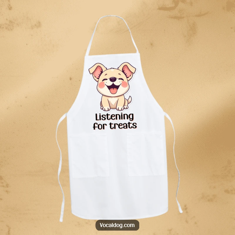 Funny dog apron showing a happy dog with ears flopping joyfully upwards, adding cheer to cooking tasks.