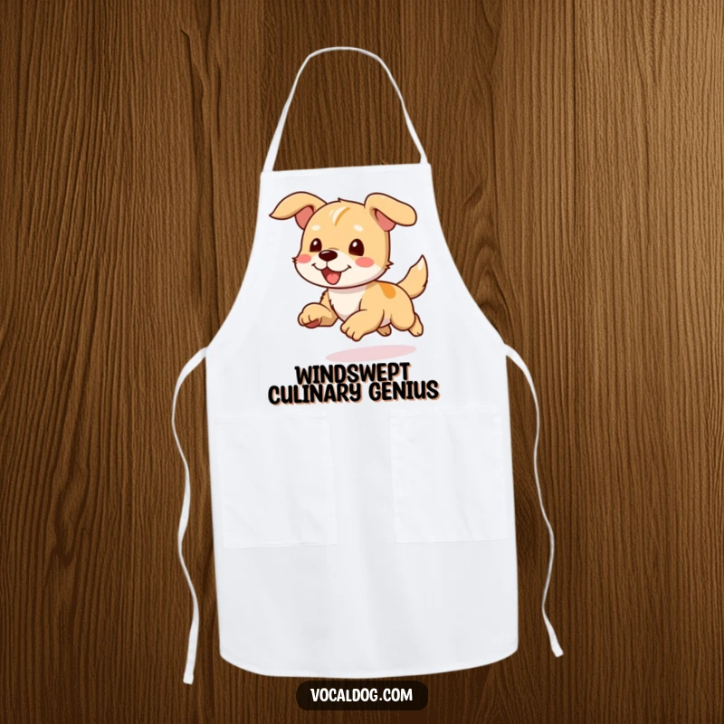 Funny Kitchen Apron showing a dog character running with ears flapping, ready for any culinary adventure.