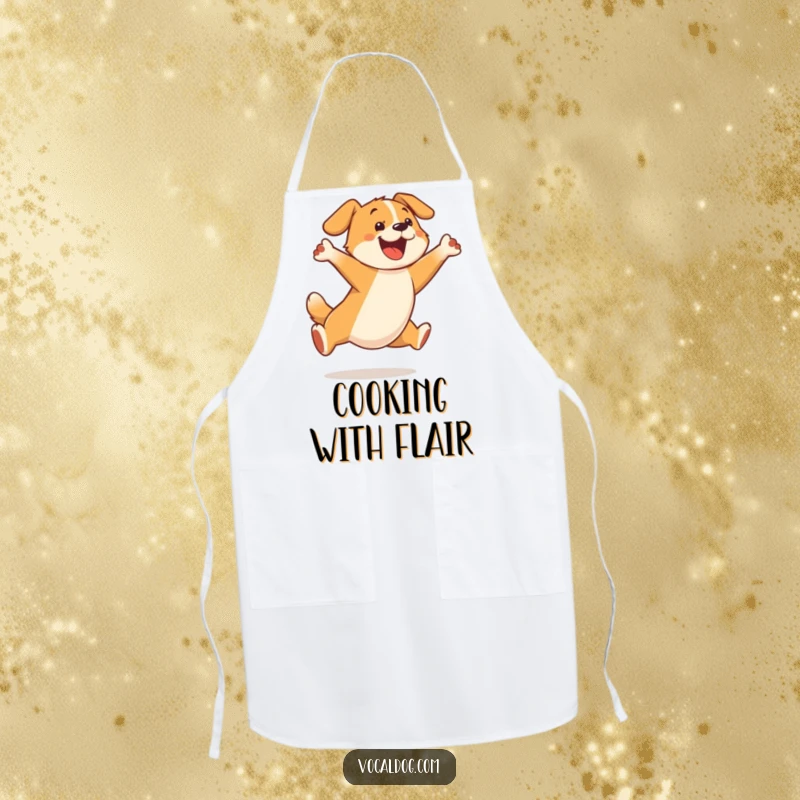 Funny apron design showing a dog character joyfully leaping in the air, full of boundless energy and happiness.
