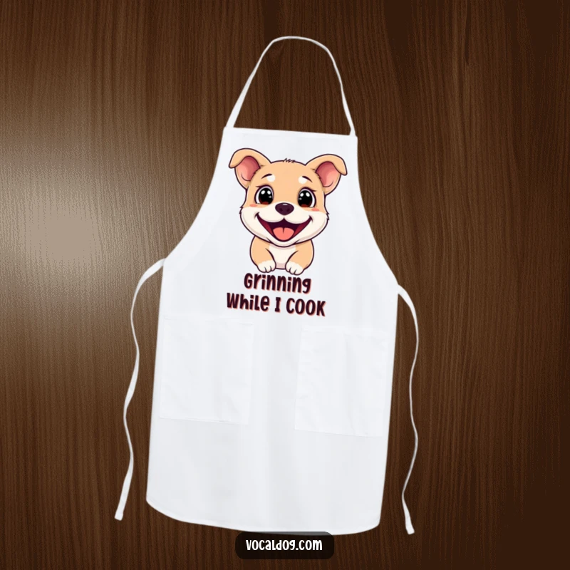 Funny Apron featuring a happy dog with sparkling eyes and a wide grin, ideal for kitchen fun.
