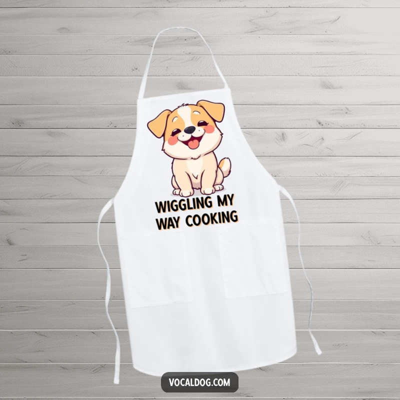 Funny Apron with a dog wiggling its entire body with overwhelming happiness, adding a cheerful and joyful touch to kitchen tasks.