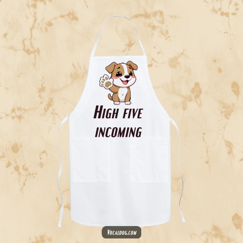 Funny apron with a cute dog character offering its paw, ready to assist in the kitchen with a smile, a humorous touch for cooking enthusiasts.