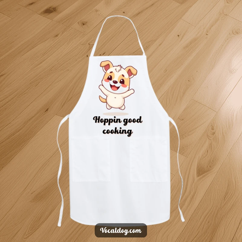 Funny Apron of a happy dog character hopping with an overwhelmingly cheerful expression, perfect for kitchen fun.