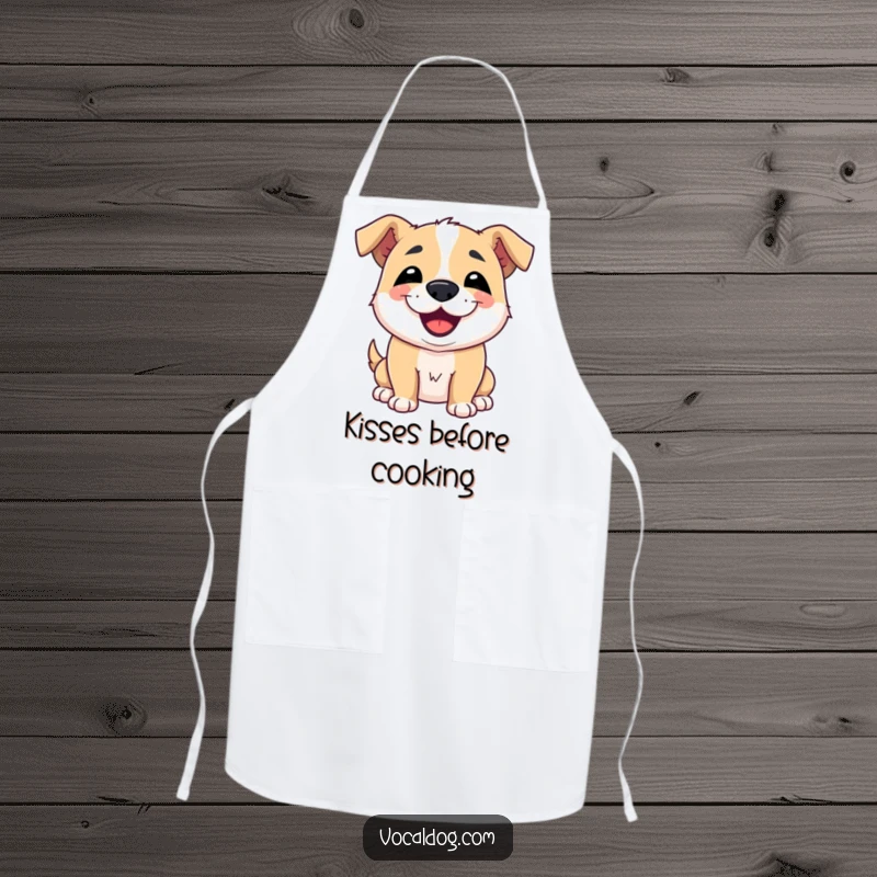 Funny apron showing a dog giving a friendly slobbery kiss with a charming smile, adding playful canine humor to cooking, kitchen accessory.