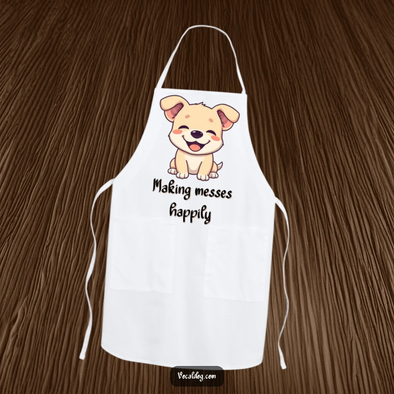 Funny apron design showing a happy dog character with its ears comically flopped back, conveying immense joy.
