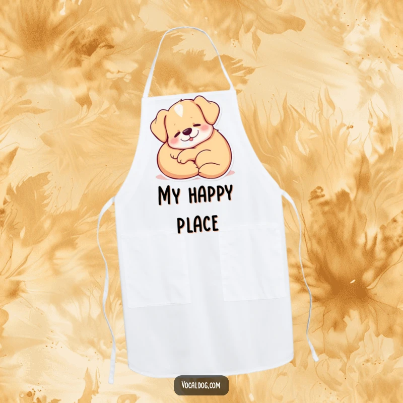 Funny Apron with a dog in a relaxed pose, letting out a peaceful, content sigh, perfect for a cozy kitchen.