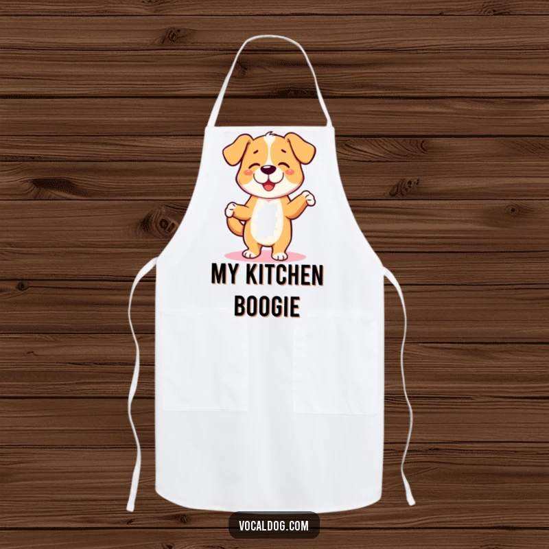 Funny apron with a dog character dancing a jig, ideal for chefs who love pets and humor. A playful funny gift.