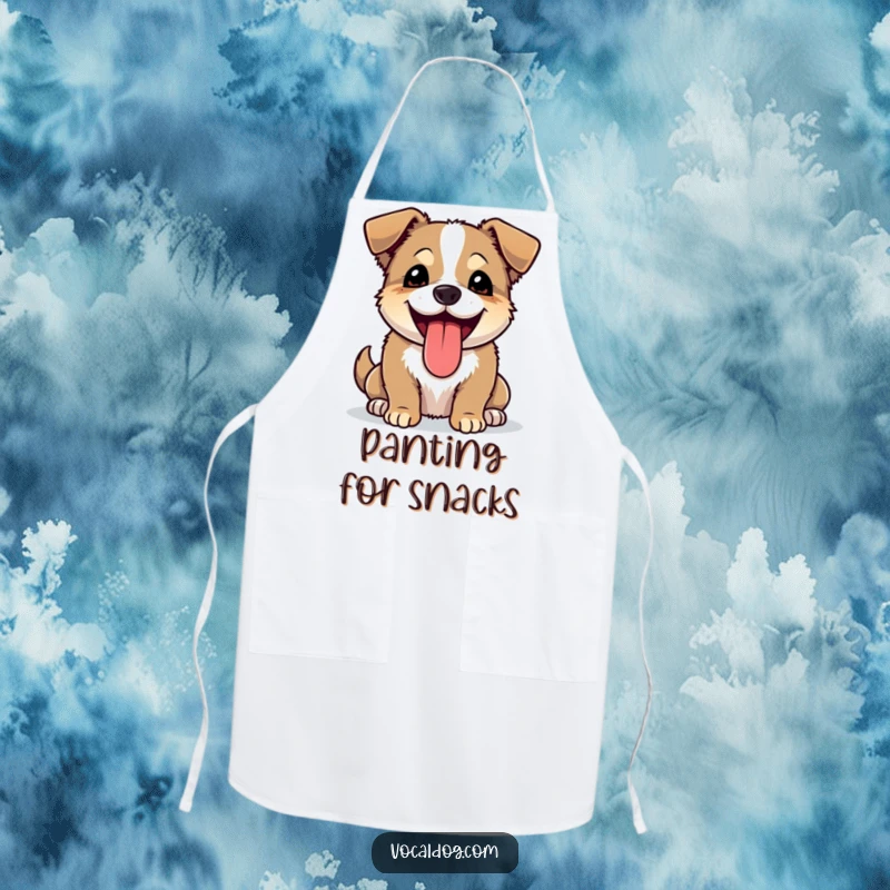 Funny apron with a happy chef dog panting with its tongue lolling out, bringing joy to the kitchen.