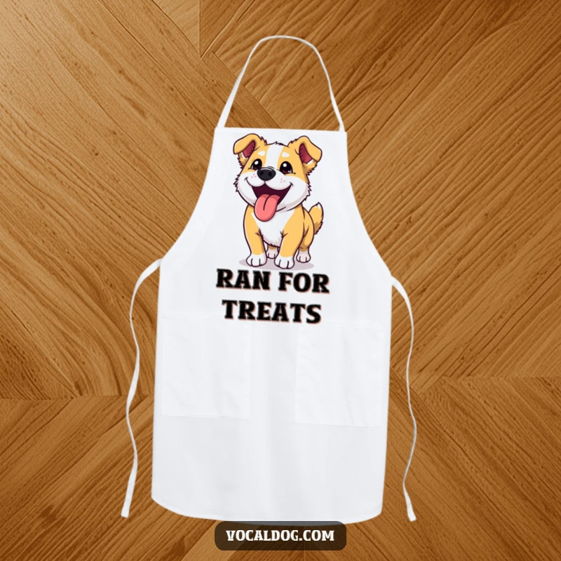 Funny dog apron showing a dog with its tongue hanging out, looking overjoyed after a refreshing run.