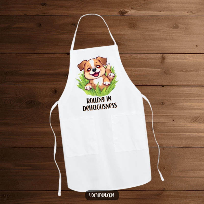 Funny apron showing a happy dog joyfully rolling in green grass, eyes sparkling, adding a touch of playful humor to cooking, kitchen accessory.