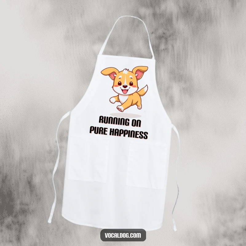 Funny apron depicting a dog running with ears flowing, adding a humorous and dynamic element to kitchen wear for food lovers.