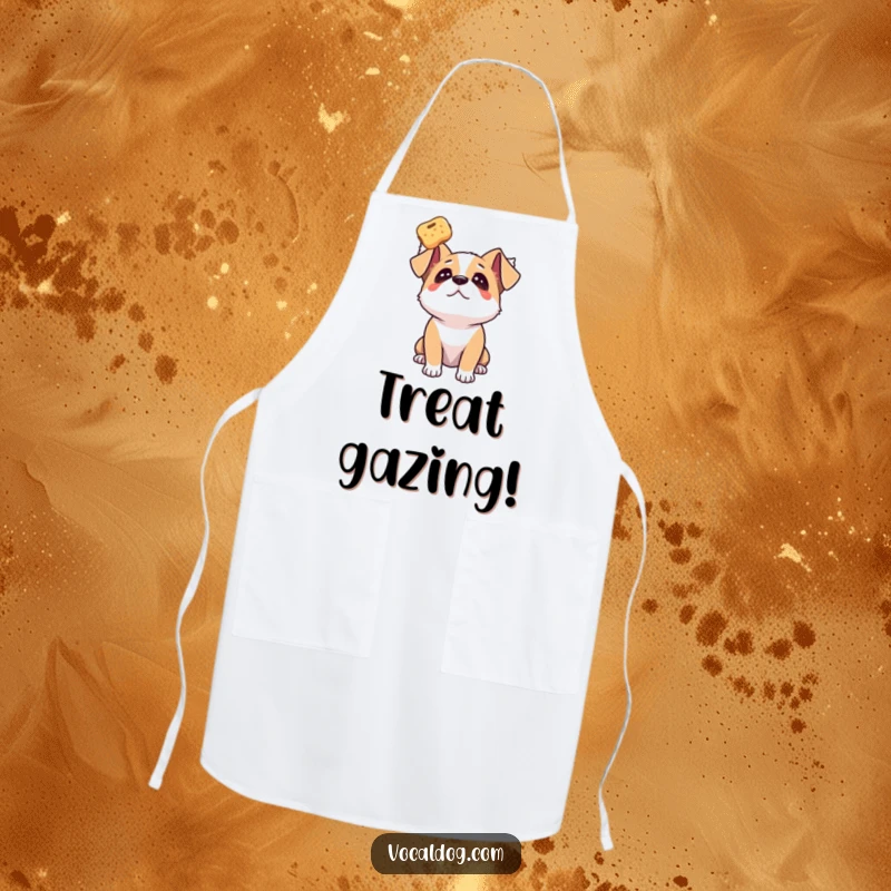 Funny dog apron depicting a dog gazing upwards with adoration at a floating treat, perfect for passionate cooking.