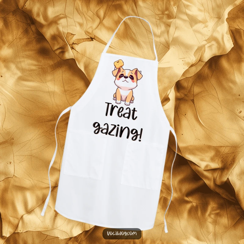 Funny dog apron depicting a dog gazing upwards with adoration at a floating treat, perfect for passionate cooking.