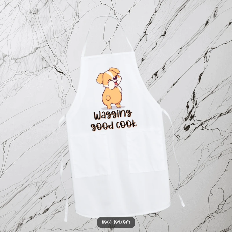 Funny apron showing a dog's tail blurred in a happy, circular motion, perfect for a cheerful baker or dog owner.