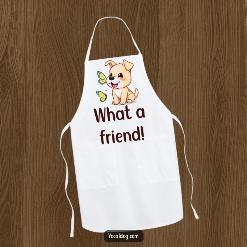 Funny dog apron depicting a happy dog barking a greeting to a butterfly, ideal for joyful cooking.