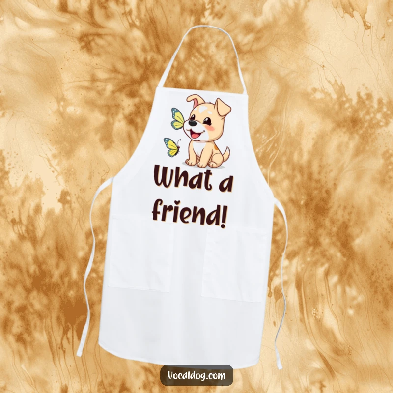 Funny dog apron depicting a happy dog barking a greeting to a butterfly, ideal for joyful cooking.