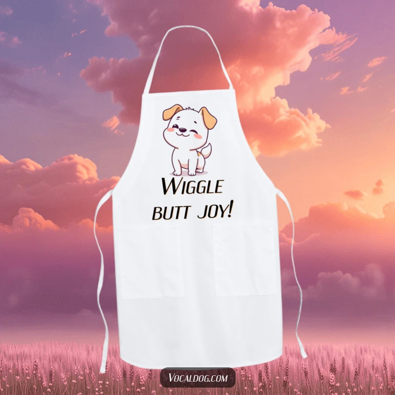 Funny dog apron depicting a happy dog doing a full-body wiggle, perfect for joyful cooking experiences.