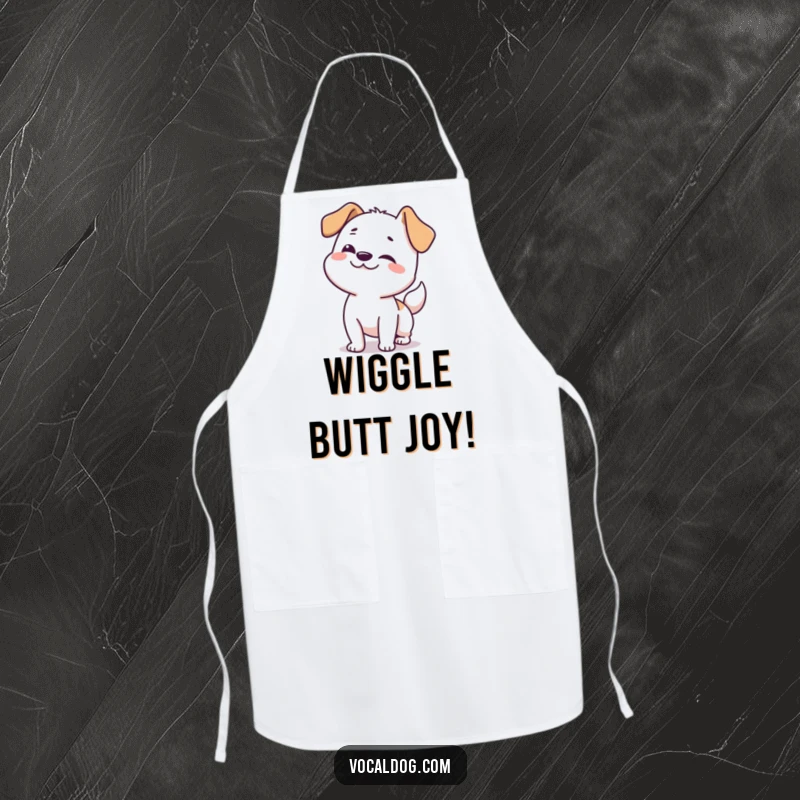 Funny dog apron depicting a happy dog doing a full-body wiggle, perfect for joyful cooking experiences.