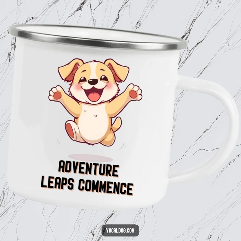 Funny Camping Mug featuring a dog jumping with unrestrained excitement and flailing paws, perfect for outdoor enthusiasts who love humor.