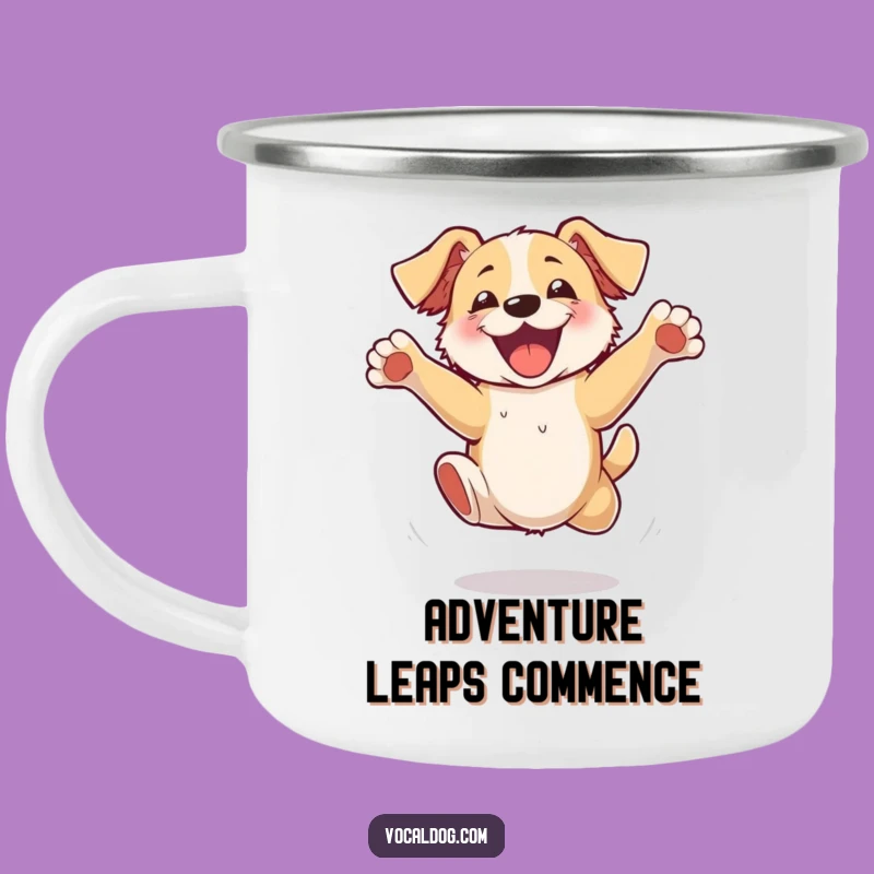 Funny Excited Dog Jumping Camping Mug - Adventures Fueled by Joy