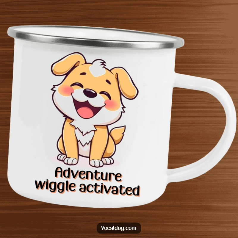 Funny camping mug with a dog character in an ecstatic wiggle, perfect for outdoor adventures and happy moments.