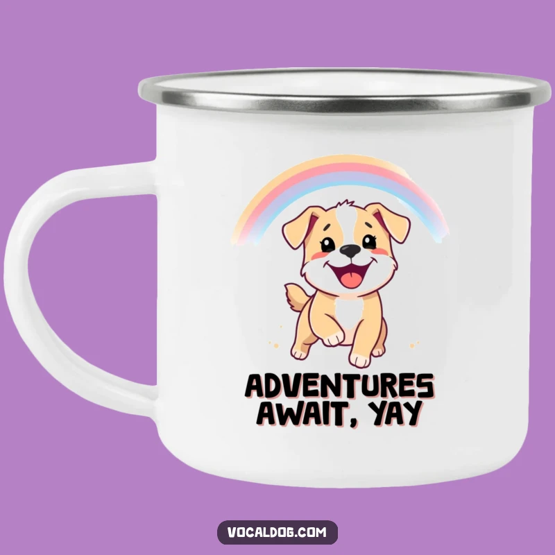 Funny Puppy Rainbow Camping Mug - Smiling Dog, Outdoor Joy, Adventure Gift