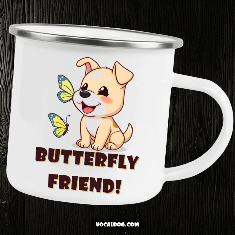 Funny dog camping mug featuring a happy dog barking a greeting to a butterfly, perfect for outdoor enjoyment.