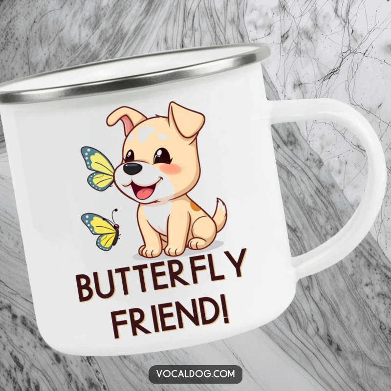 Funny dog camping mug featuring a happy dog barking a greeting to a butterfly, perfect for outdoor enjoyment.