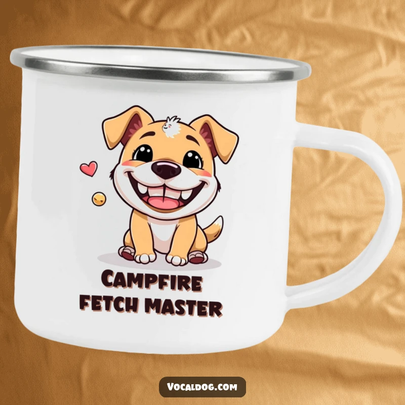 Funny Camping Mug: A rugged mug showcasing a dog mid-fetch with an enormous, joyful grin, perfect for outdoor enthusiasts and dog lovers.