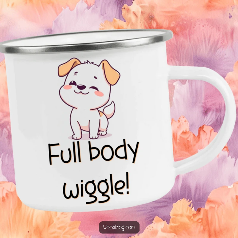 Funny dog camping mug featuring a happy dog doing a full-body wiggle, perfect for outdoor refreshment.