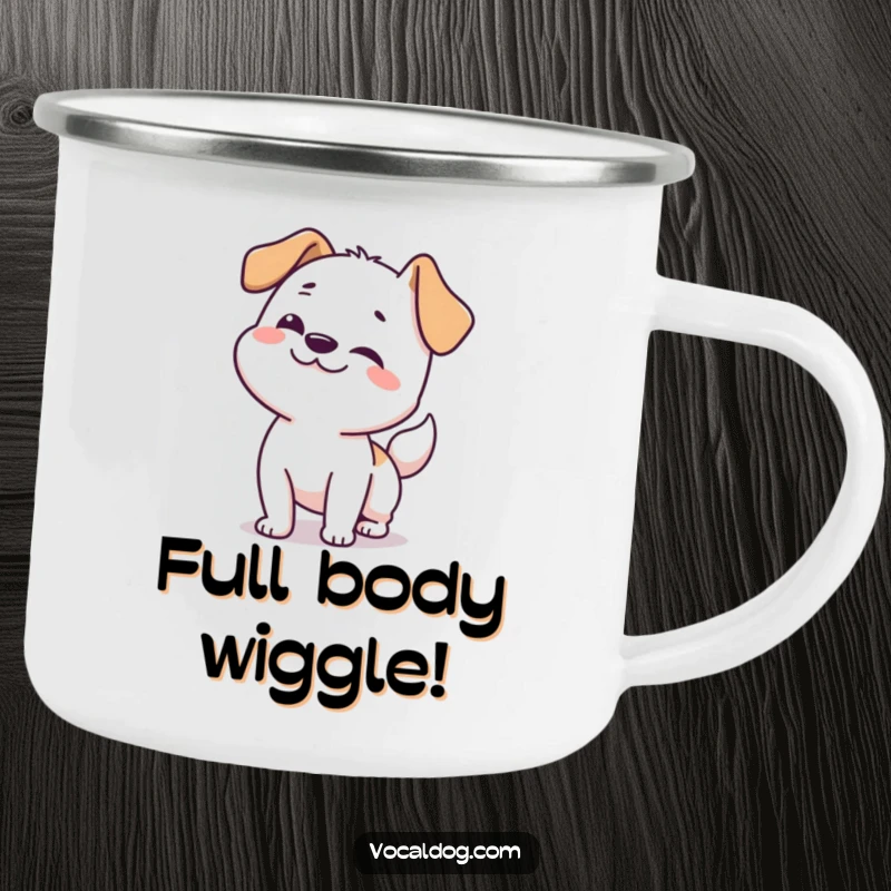 Funny dog camping mug featuring a happy dog doing a full-body wiggle, perfect for outdoor refreshment.