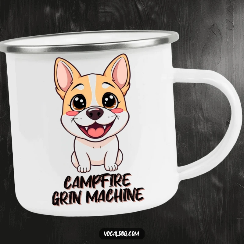 Funny camping mug with a dog showing sparkling eyes and a wide grin, perfect for enjoying drinks outdoors while thinking of happy pups.