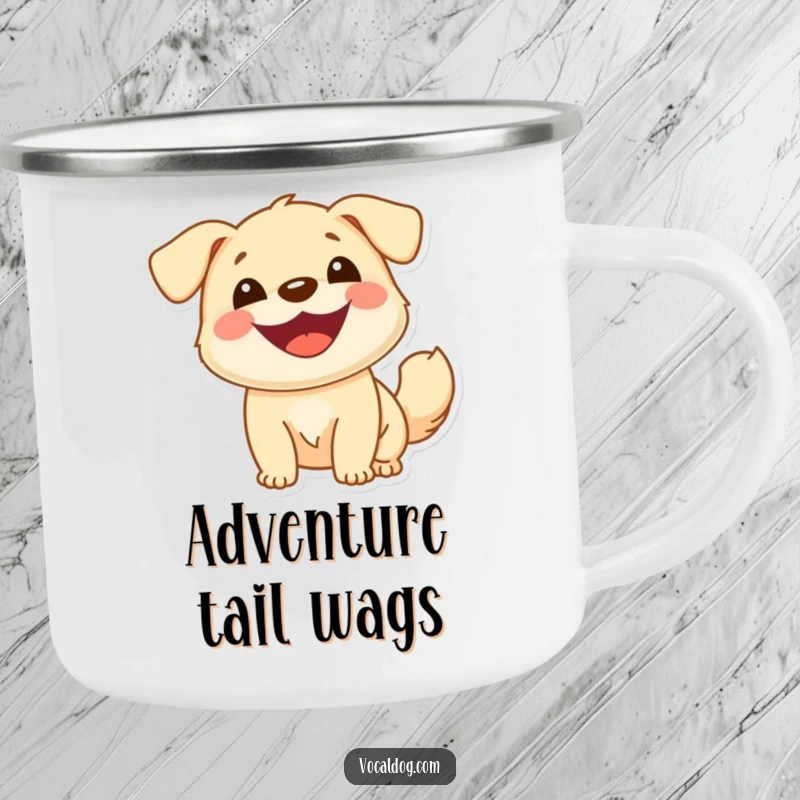 Funny camping mug depicting a cheerful dog with a wide smile and a bouncy tail, perfect for outdoor fun and dog lovers, durable drinkware.
