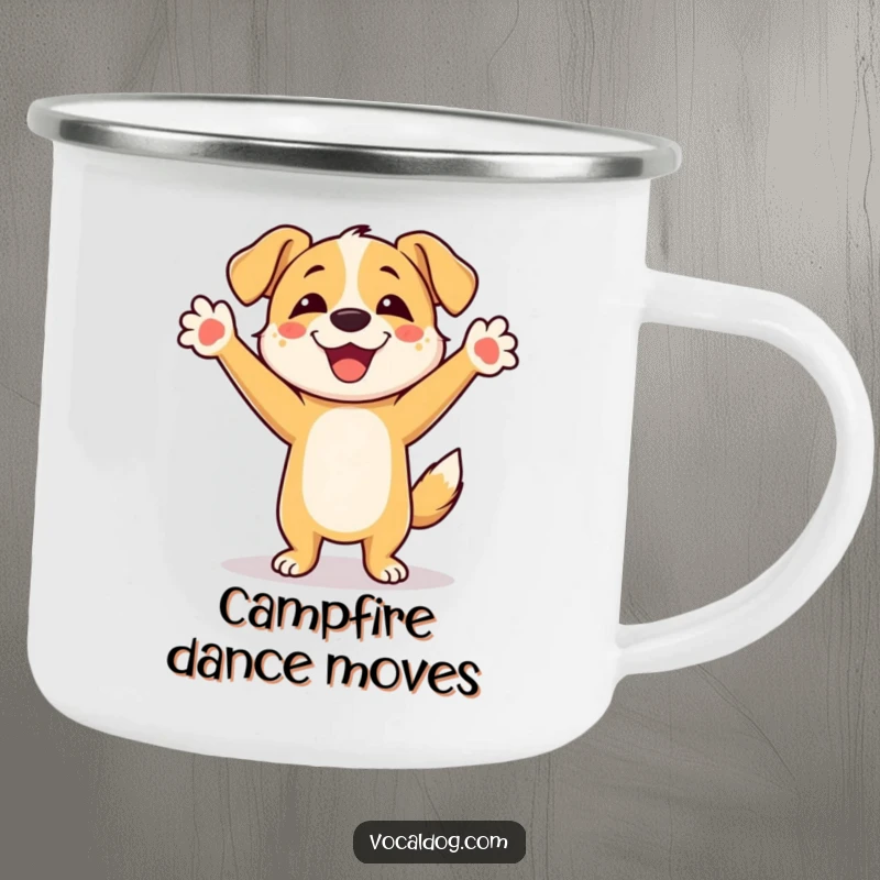 Funny Dog Camping Mug: A sturdy enamel mug showing a happy dog character dancing with its front paws high in the air, ready for adventure.