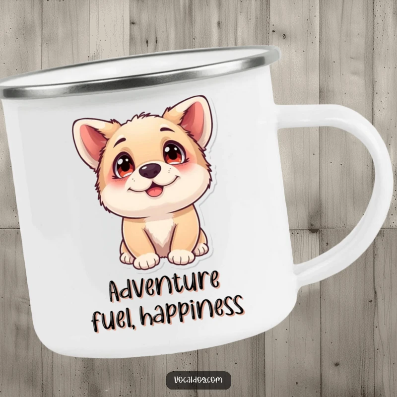 Funny Camping Mug featuring a dog with adoring eyes, radiating pure happiness, perfect for outdoor enjoyment.